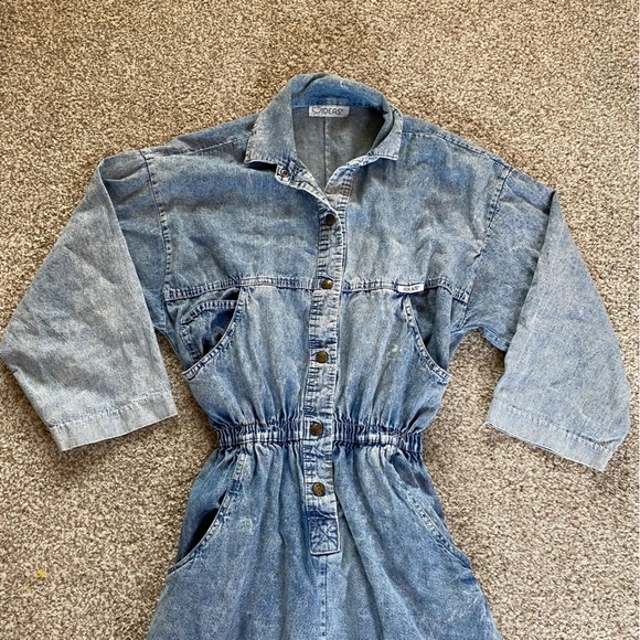 Vintage Ideas Denim Dress, Size Small, 80s Acid Wash Dolman Sleeve Elastic Waist - Picture 2 of 7